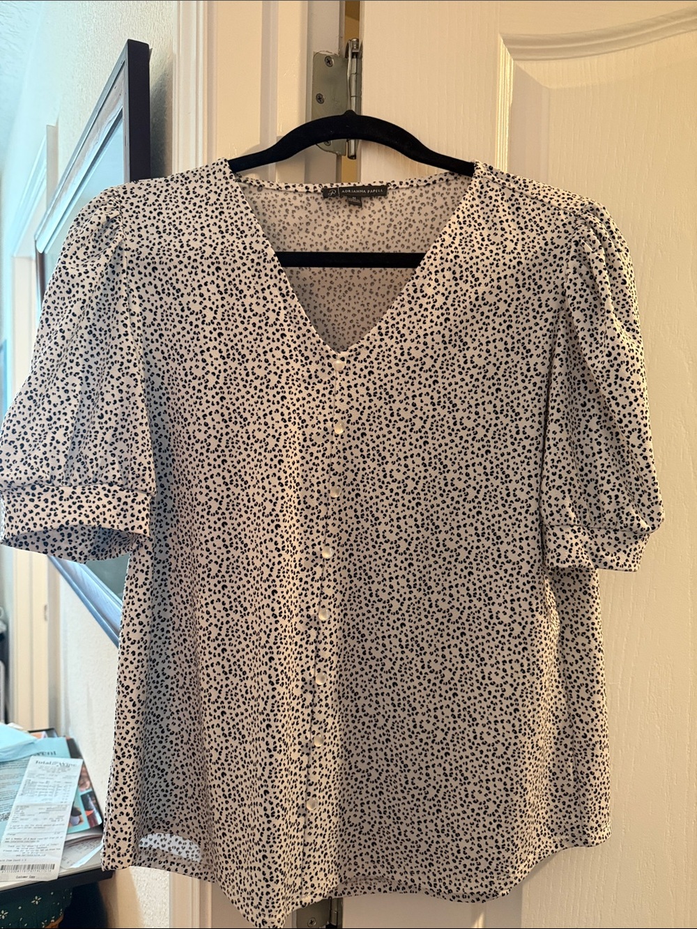 Adrianna Papell White V-Neck Button-Front Blouse with Black Dot Print
